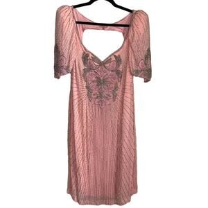 Vintage Beaded Lillie Rubin Silk Pink Evening Dress Open Back Women’s Size 10